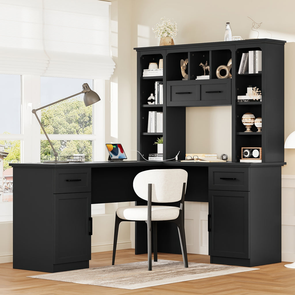 L-shaped computer desk with 2 cabinets and 2 drawers underneath the table, 11 open shelves and a flip-up shelf with storage o