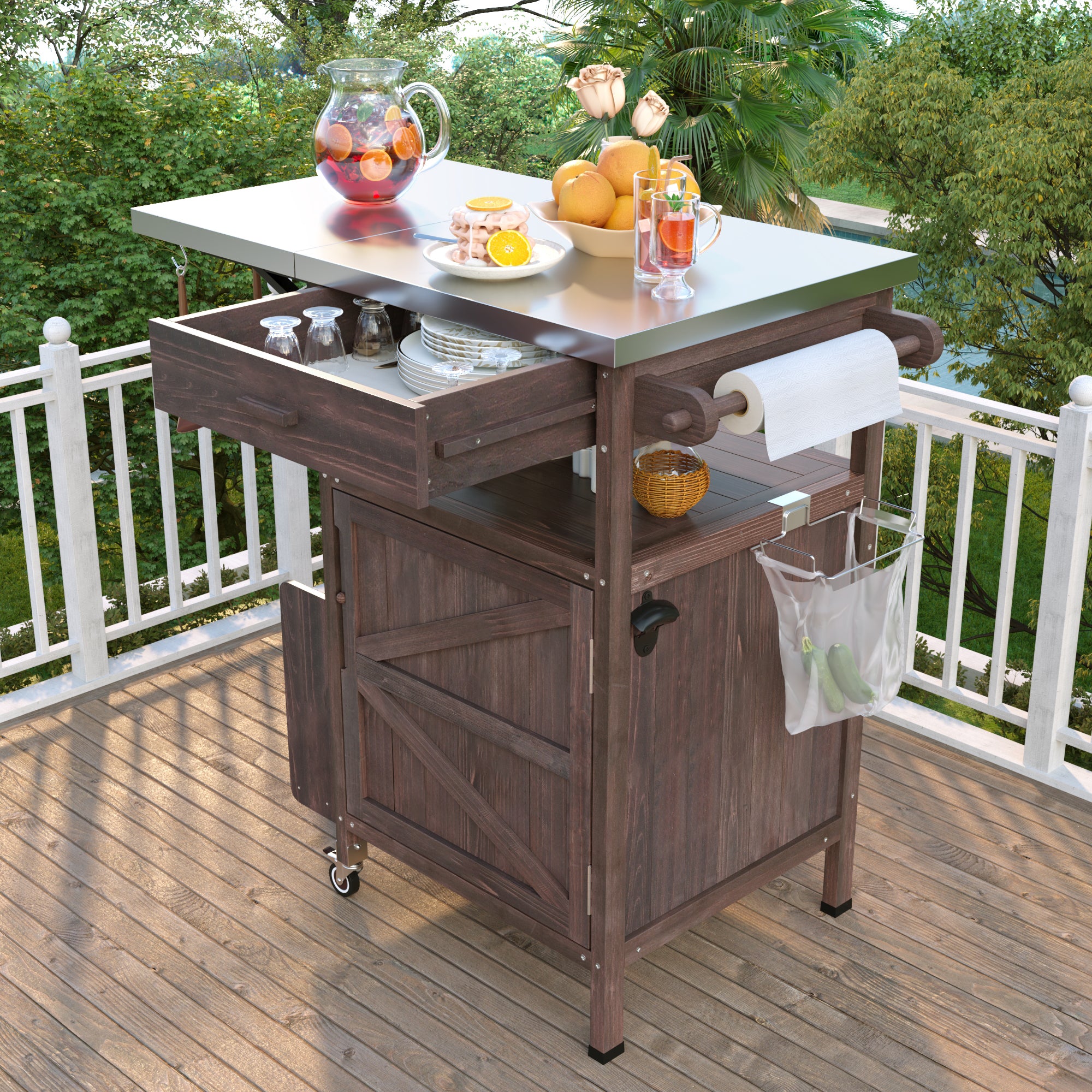 K&K 40.5' Outdoor Grill Cart with Stainless Steel Top, Solid Wood Outdoor Storage Cabinet with Drop Leaf, One Drawer, Towel Rack, Rolling Kitchen Cart with Lockable Wheels for Lawn Garden, Brown - Grand Goldman Shop