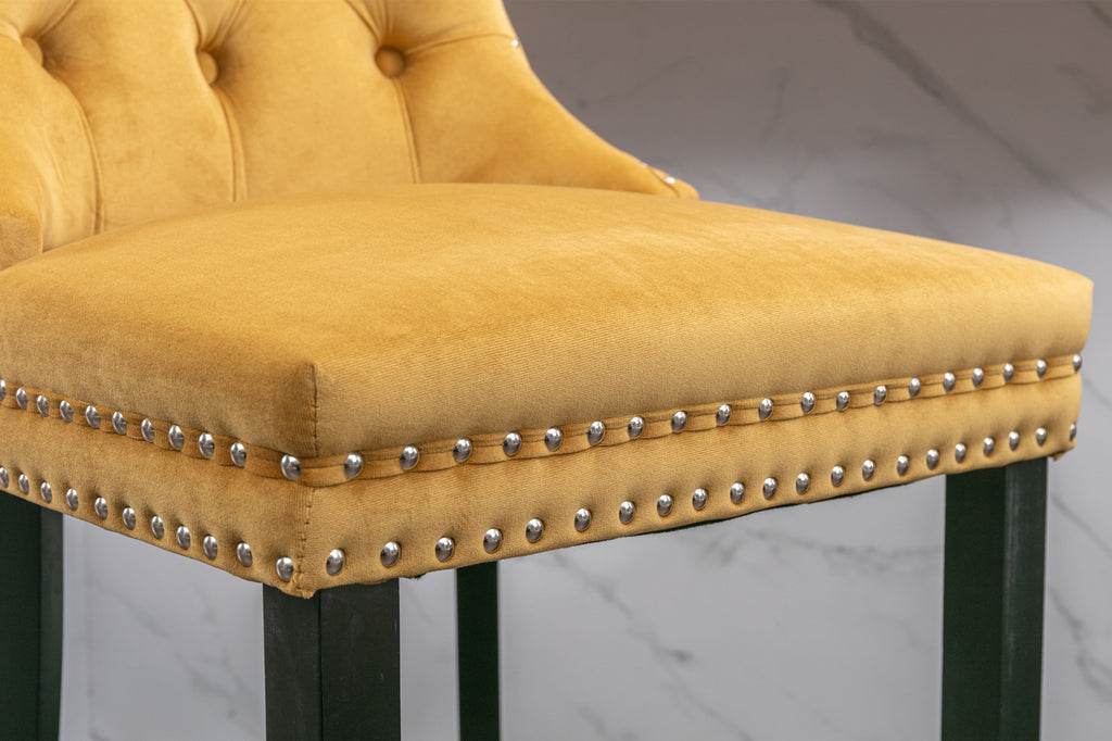 Contemporary Velvet Upholstered Barstools with Button Tufted Decoration and Wooden Legs, and Chrome Nailhead Trim, Leisure Style Bar Chairs,Bar stools, Set of 2 (Golden),SW2002GL - Grand Goldman Shop