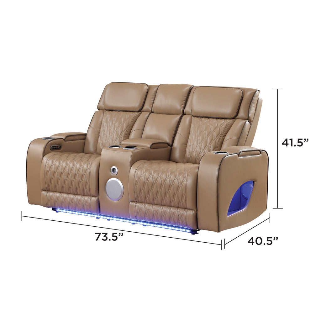 Fortuner Power Reclining 2Pc Living Room Set in Caramel Faux Leather with LED Lights, Massage Function, Bluetooth Speakers and Wireless Charging - Grand Goldman Shop