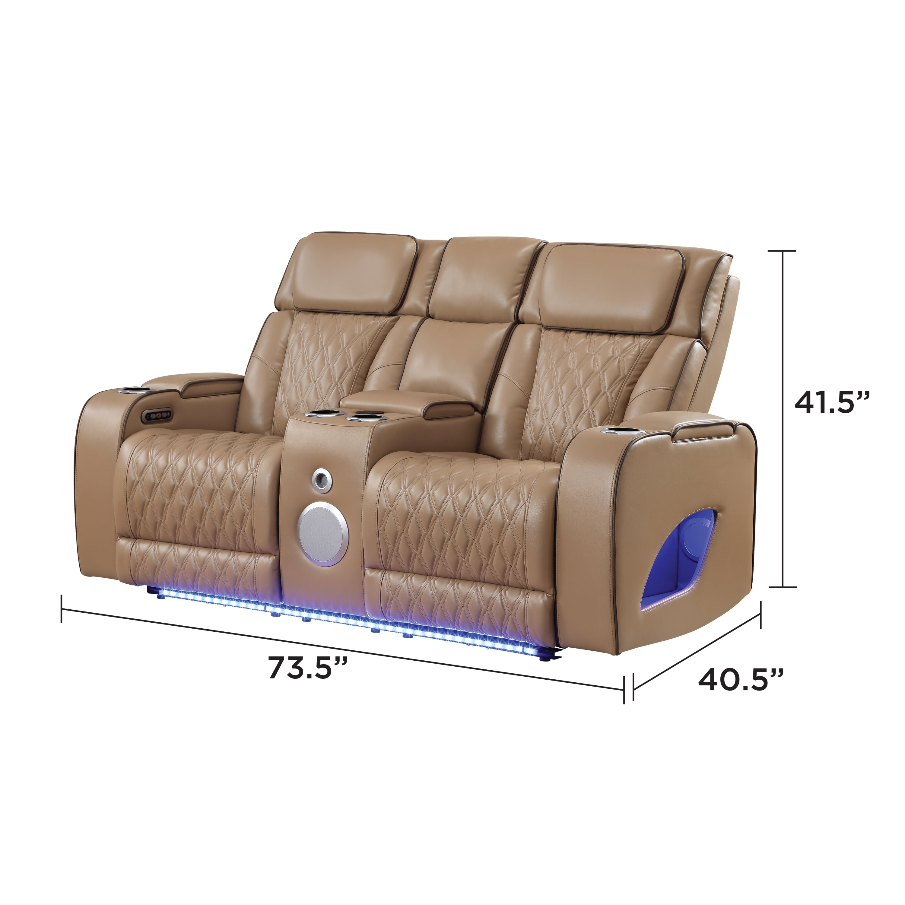 Fortuner Power Reclining 2Pc Living Room Set in Caramel Faux Leather with LED Lights, Massage Function, Bluetooth Speakers and Wireless Charging - Grand Goldman Shop