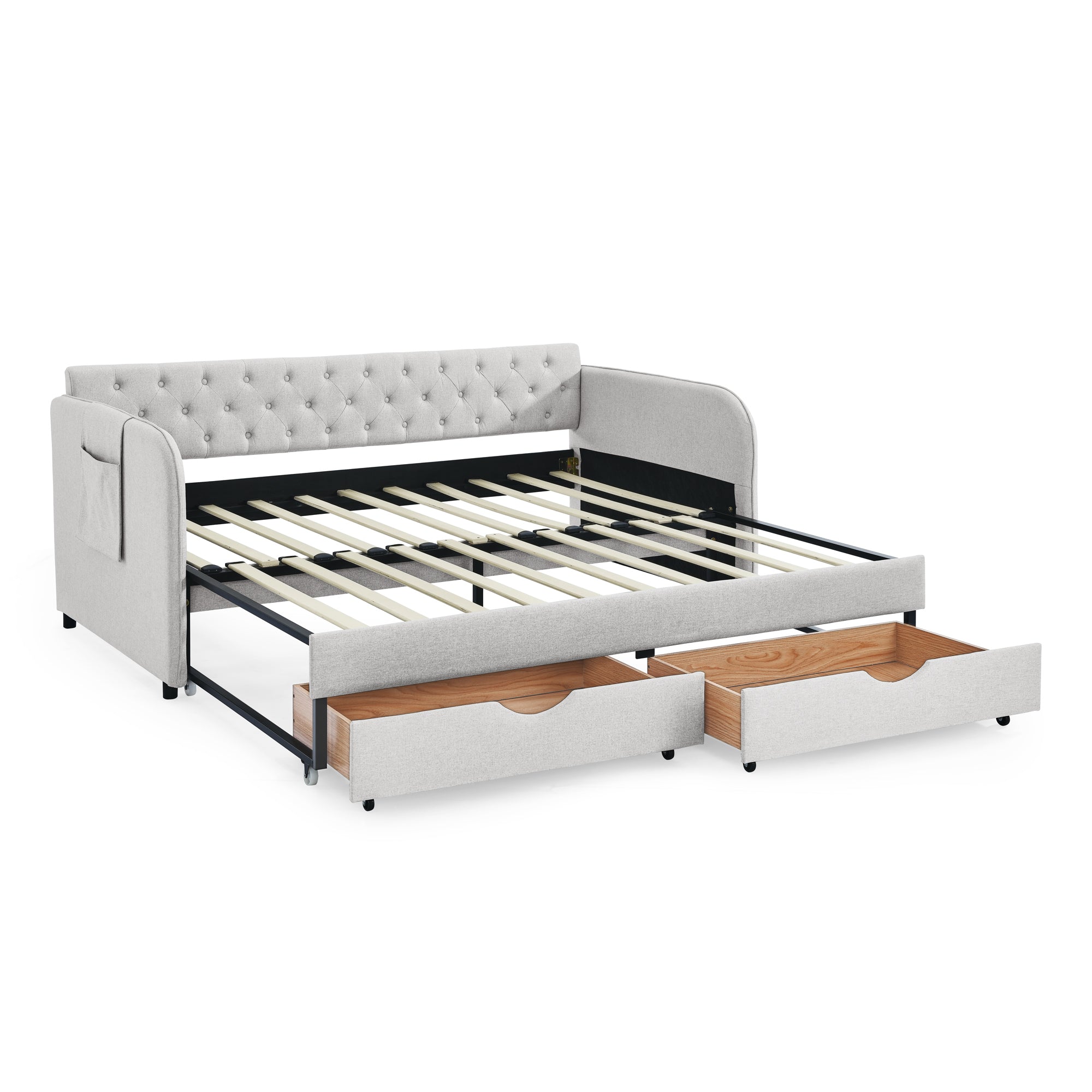 Linen Beige Twin Size Upholstered Daybed with Trundle and Storage Drawers, Flat Arms with Pocket, Extendable for Bedroom or Living Room - Grand Goldman Shop