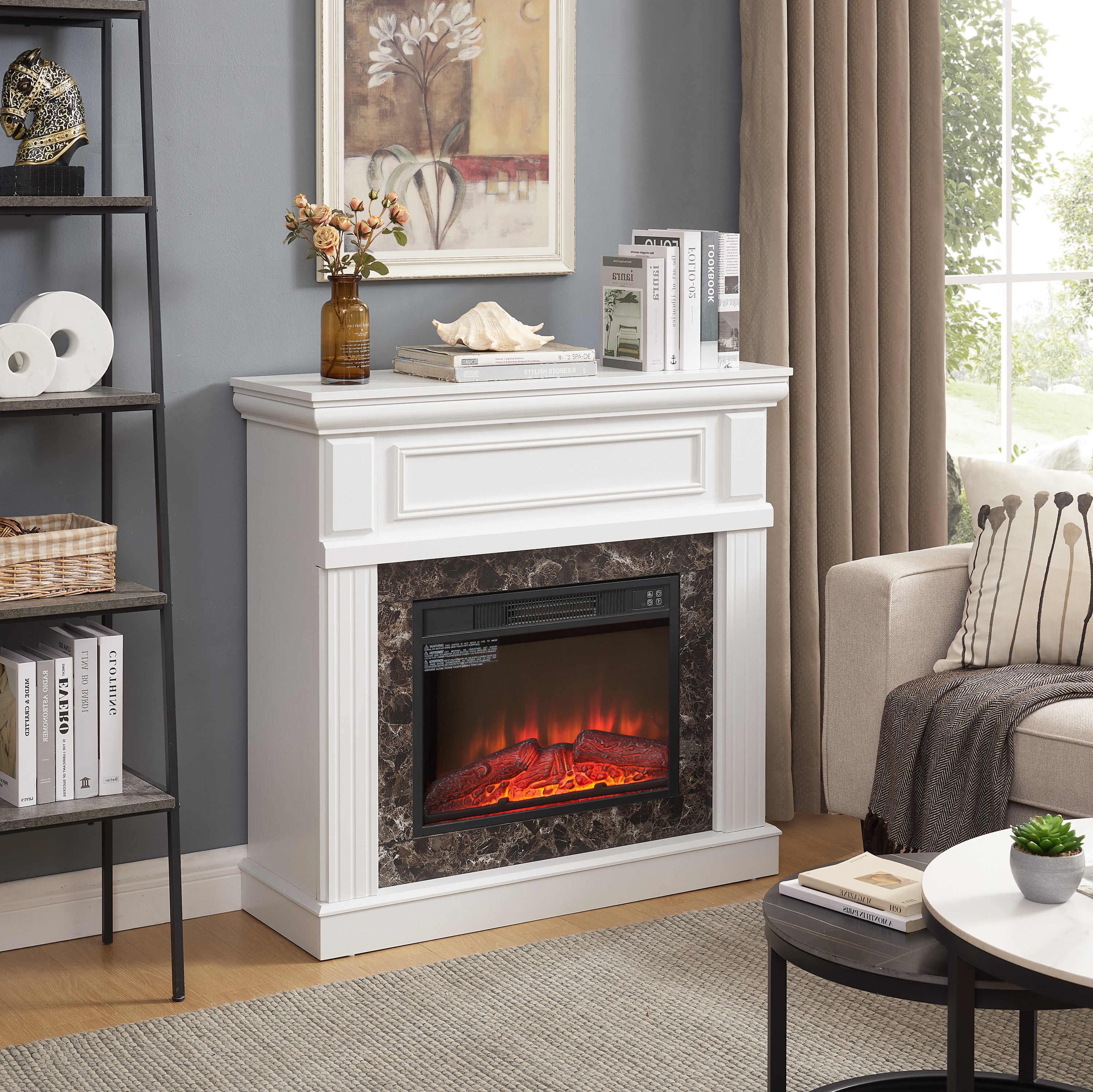Electric Fireplace with Mantel,fireplace mantel surround with 23' Fireplace Insert, Adjustable Flame, Remote Control-White,41.34'W*14'D*40'H - Grand Goldman Shop