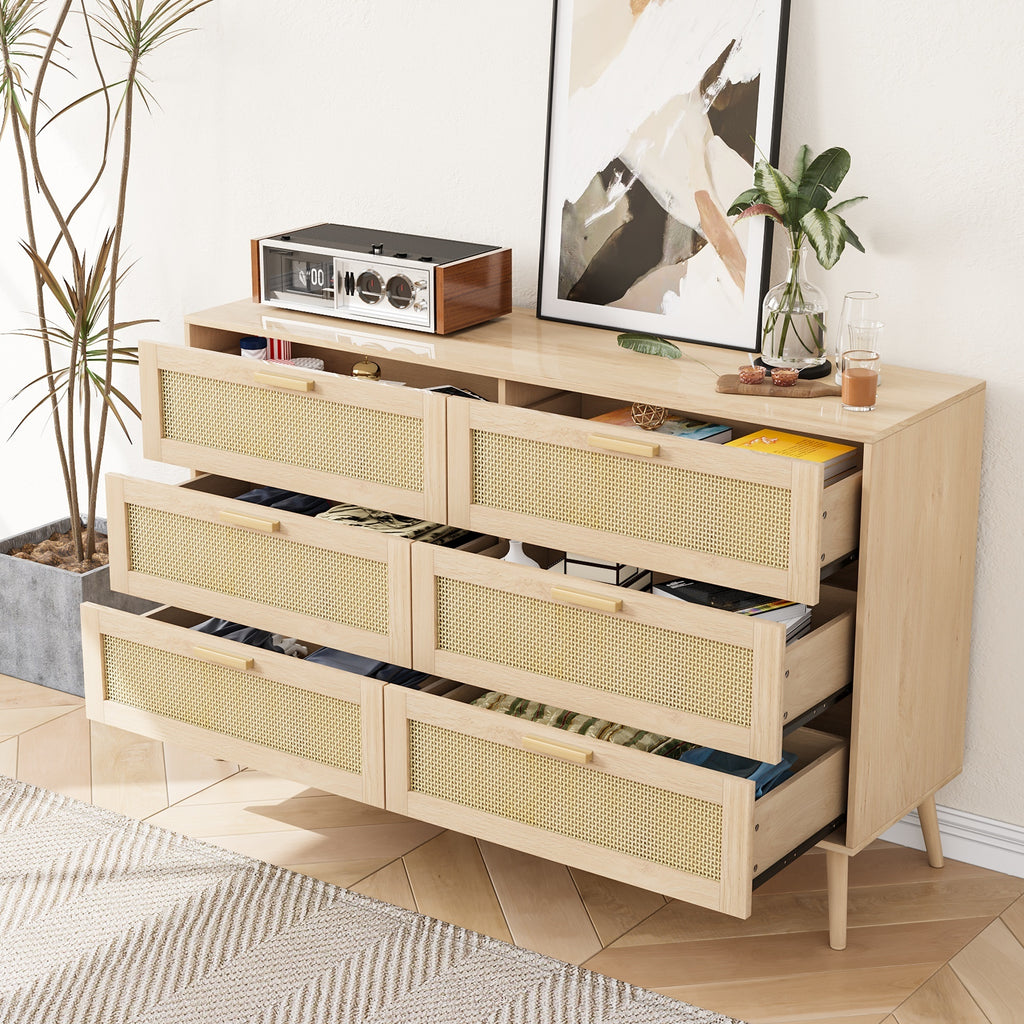 Rattan 6 Drawers Chest Of Dressers For Bedroom,  Modern 6 Drawer Dresser,  Wide Chest Of Drawers With Wood Handles,  Rattan Dresser Storage Cabinet For Living Room,  Bedroom,  Hallway - Grand Goldman Shop