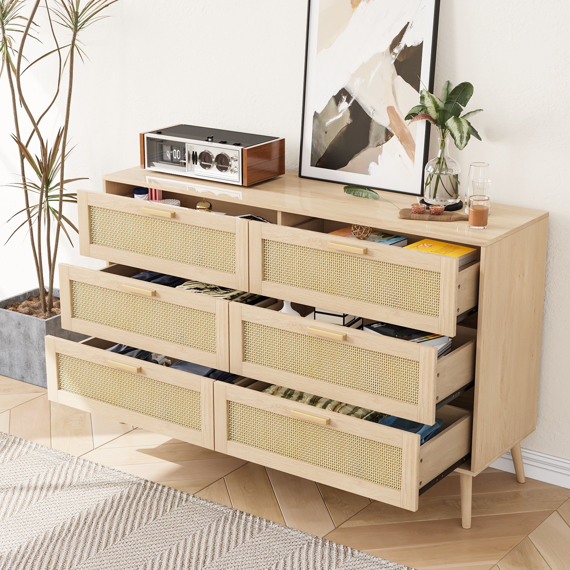 Rattan 6 Drawers Chest Of Dressers For Bedroom,  Modern 6 Drawer Dresser,  Wide Chest Of Drawers With Wood Handles,  Rattan Dresser Storage Cabinet For Living Room,  Bedroom,  Hallway - Grand Goldman Shop