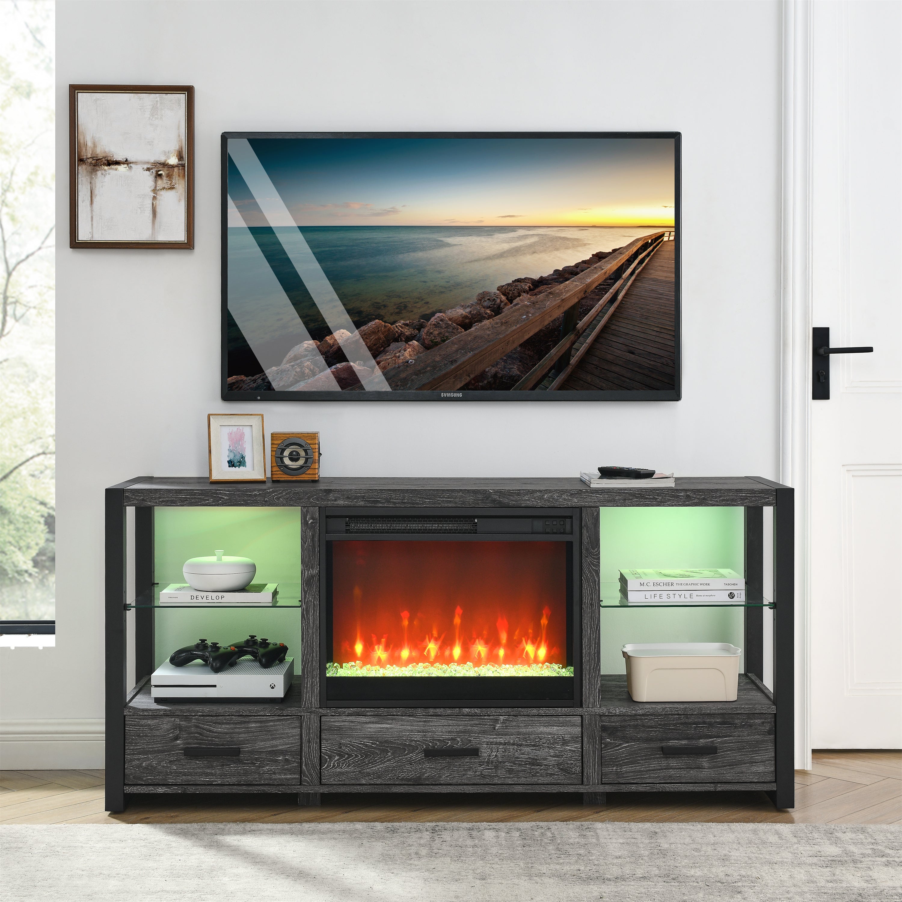 23 inch electric fireplace insert, ultra thin heater with crystal  & realistic flame, remote control with timer, overheating protection,with sidelight - Grand Goldman Shop