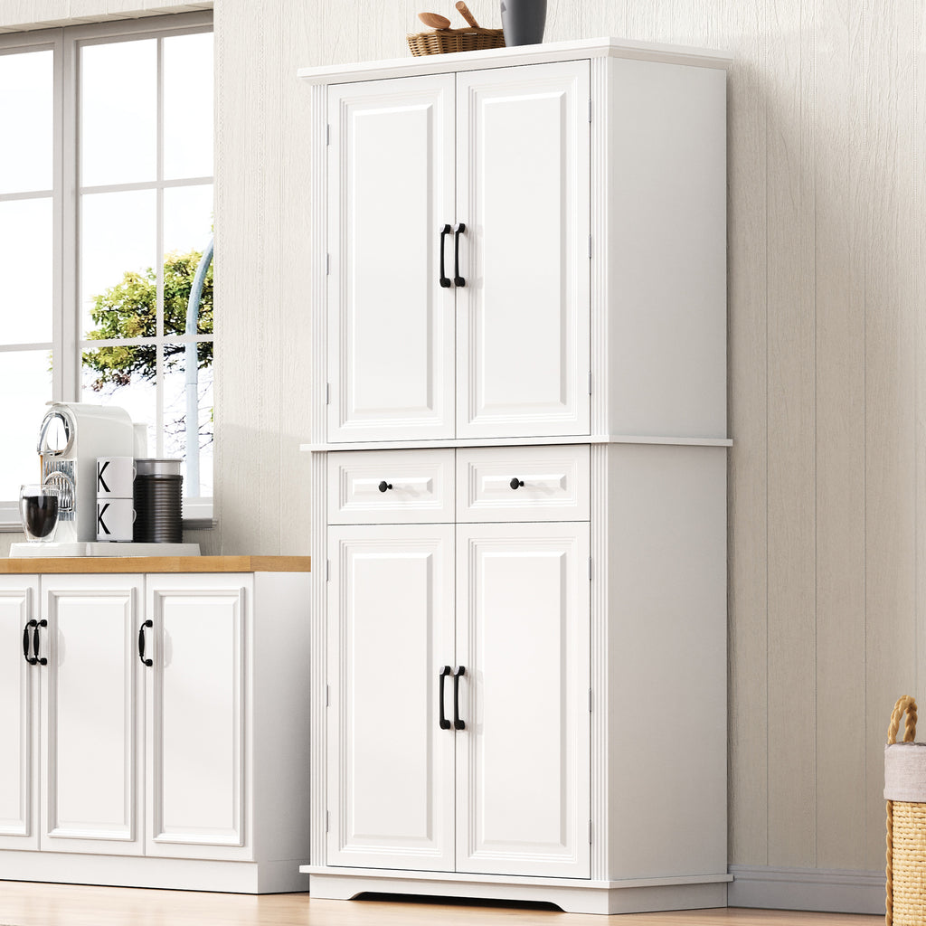 K&K 71' Tall Kitchen Pantry Cabinet with 3 Pull Out Cabinet Organizers, Farmhouse Embossed Texture Storage Cabinet with 6 Door Shelves, 2 Drawers, Freestanding Cupboard for Kitchen, Dining Room White - Grand Goldman Shop