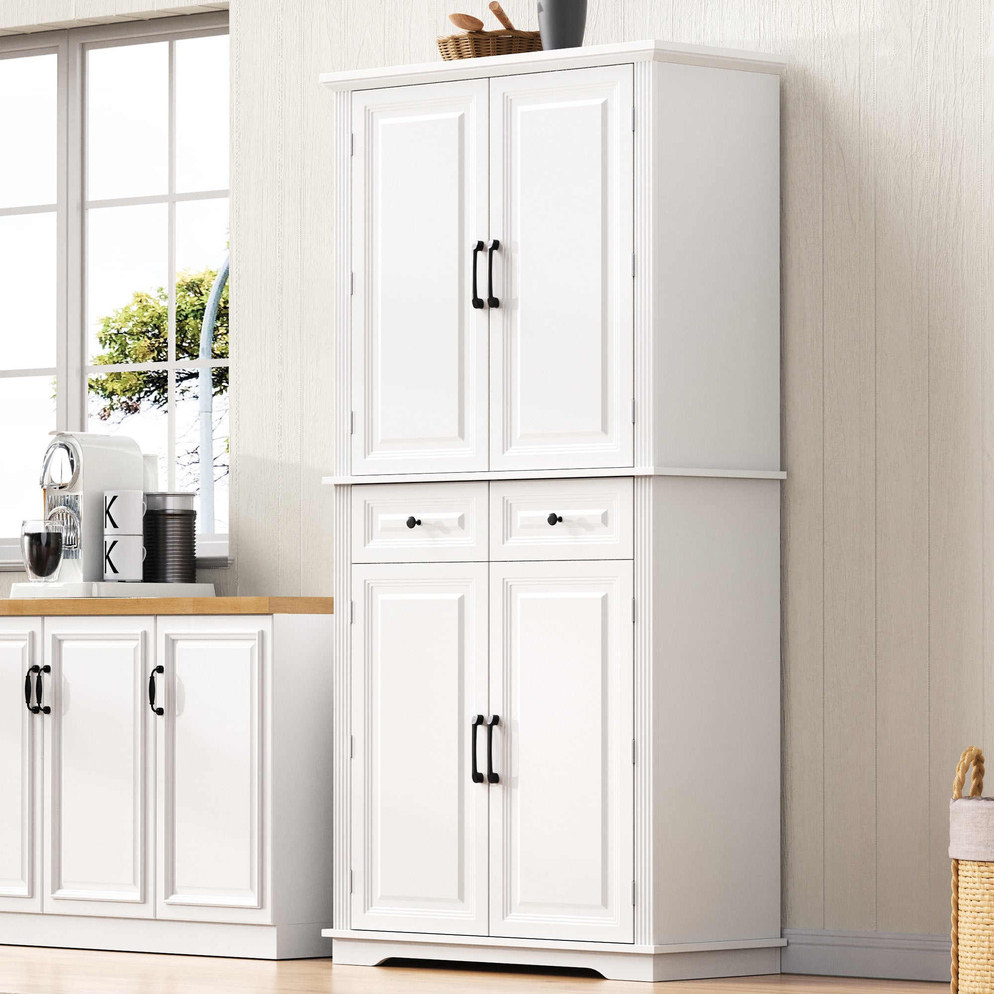 K&K 71' Tall Kitchen Pantry Cabinet with 3 Pull Out Cabinet Organizers, Farmhouse Embossed Texture Storage Cabinet with 6 Door Shelves, 2 Drawers, Freestanding Cupboard for Kitchen, Dining Room White - Grand Goldman Shop