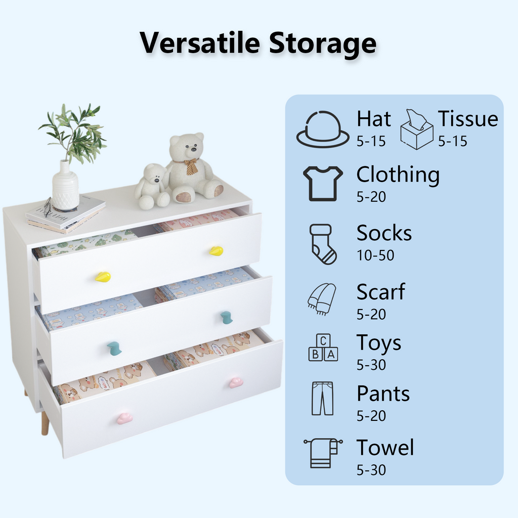 Kids 3 Drawer Dresser, White Nursery Storage Cabinet with Anti-Tip Safety Feature, Solid Wood and MDF Construction, Compact D