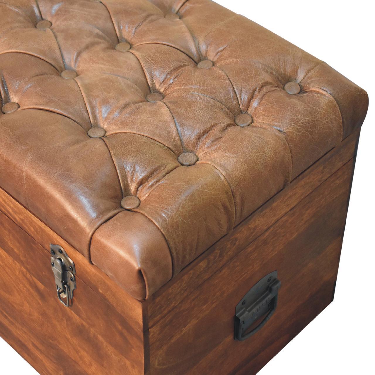 Solid Wood Buffalo Leather Upholstered Hide Chestnut Storage Trunk, Tan & Brown - Grand Goldman Shop