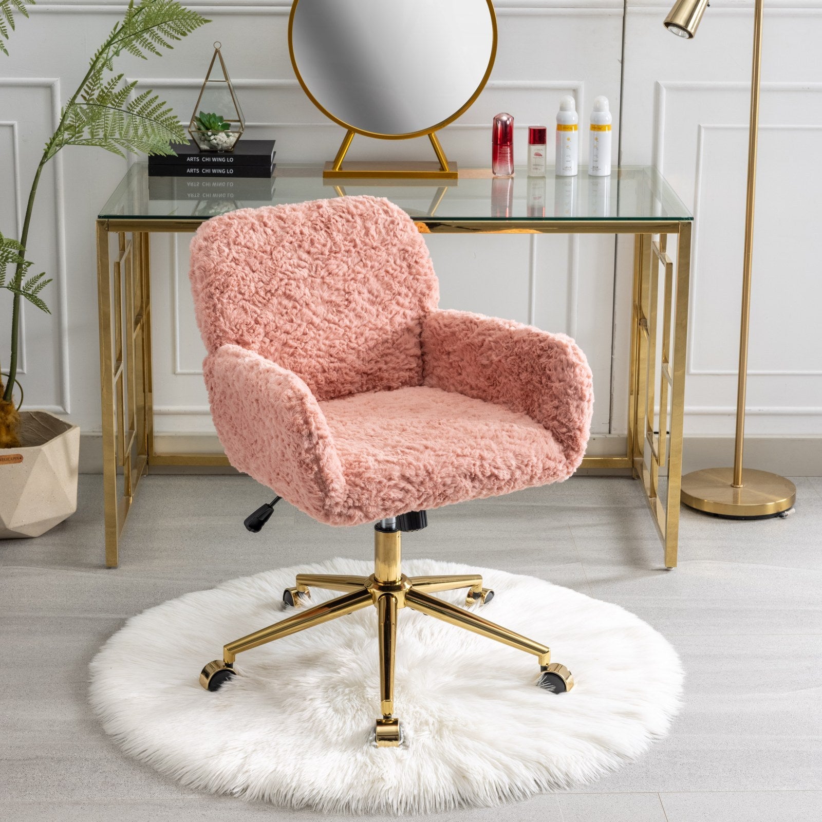 A&A Furniture Office Chair,Artificial rabbit hair Home Office Chair with Golden Metal Base,Adjustable Desk Chair Swivel Offic