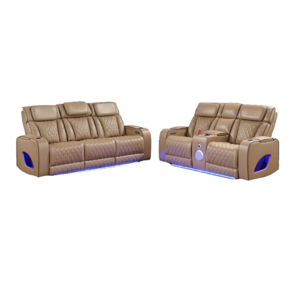 Fortuner Power Reclining 2Pc Living Room Set in Caramel Faux Leather with LED Lights, Massage Function, Bluetooth Speakers and Wireless Charging - Grand Goldman Shop