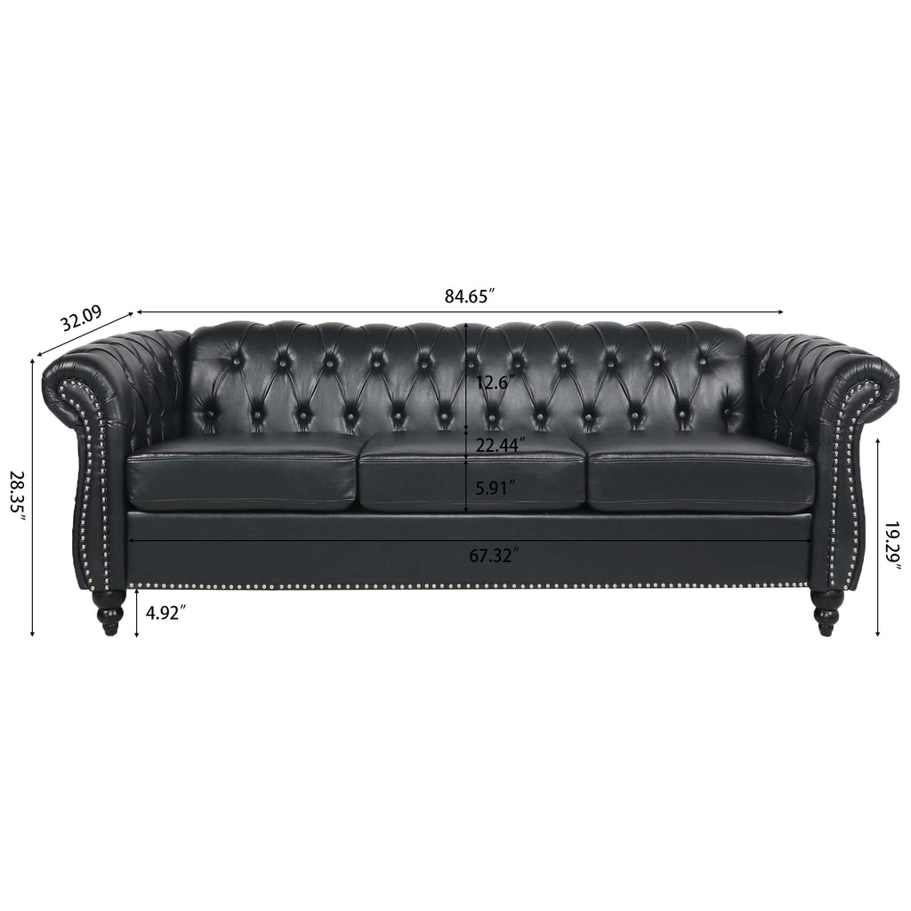 84.65' BLACK PU Rolled Arm Chesterfield Three Seater Sofa. - Grand Goldman Shop