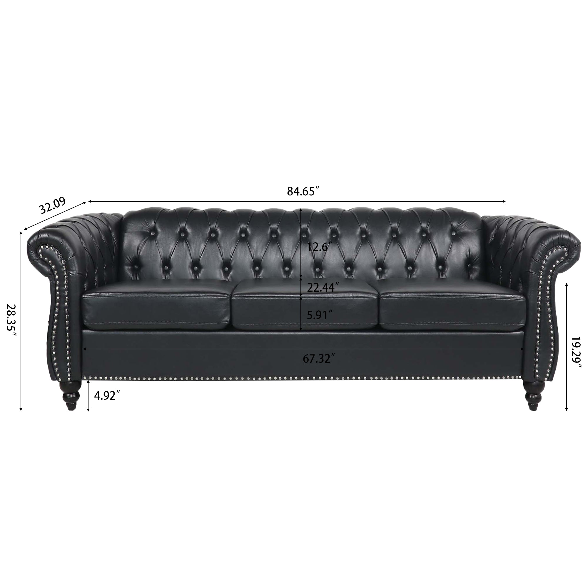 84.65' BLACK PU Rolled Arm Chesterfield Three Seater Sofa. - Grand Goldman Shop