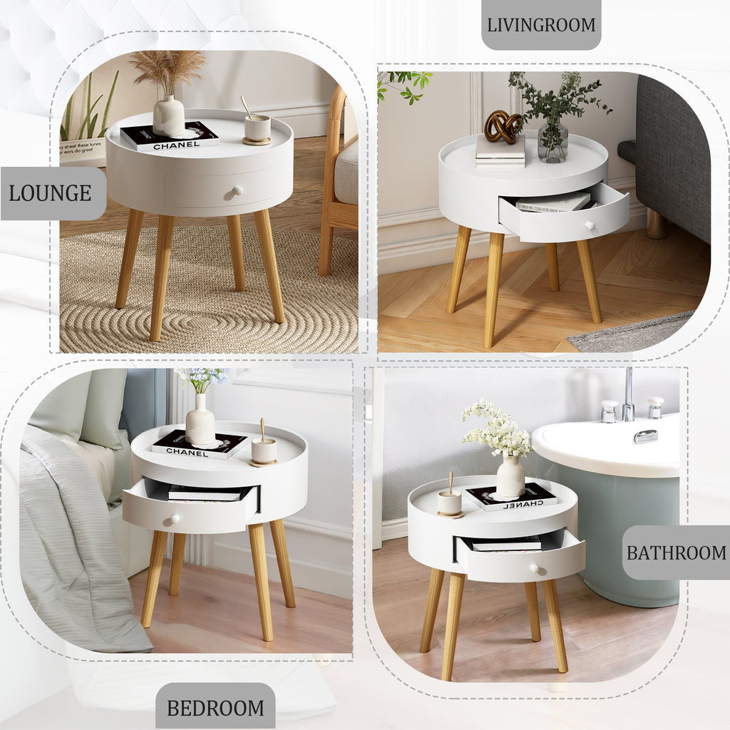 Modern White Nightstand with Storage Drawer & Oak Legs, 18' Bedside Table for Bedroom or Living Room, MDF Construction - Grand Goldman Shop