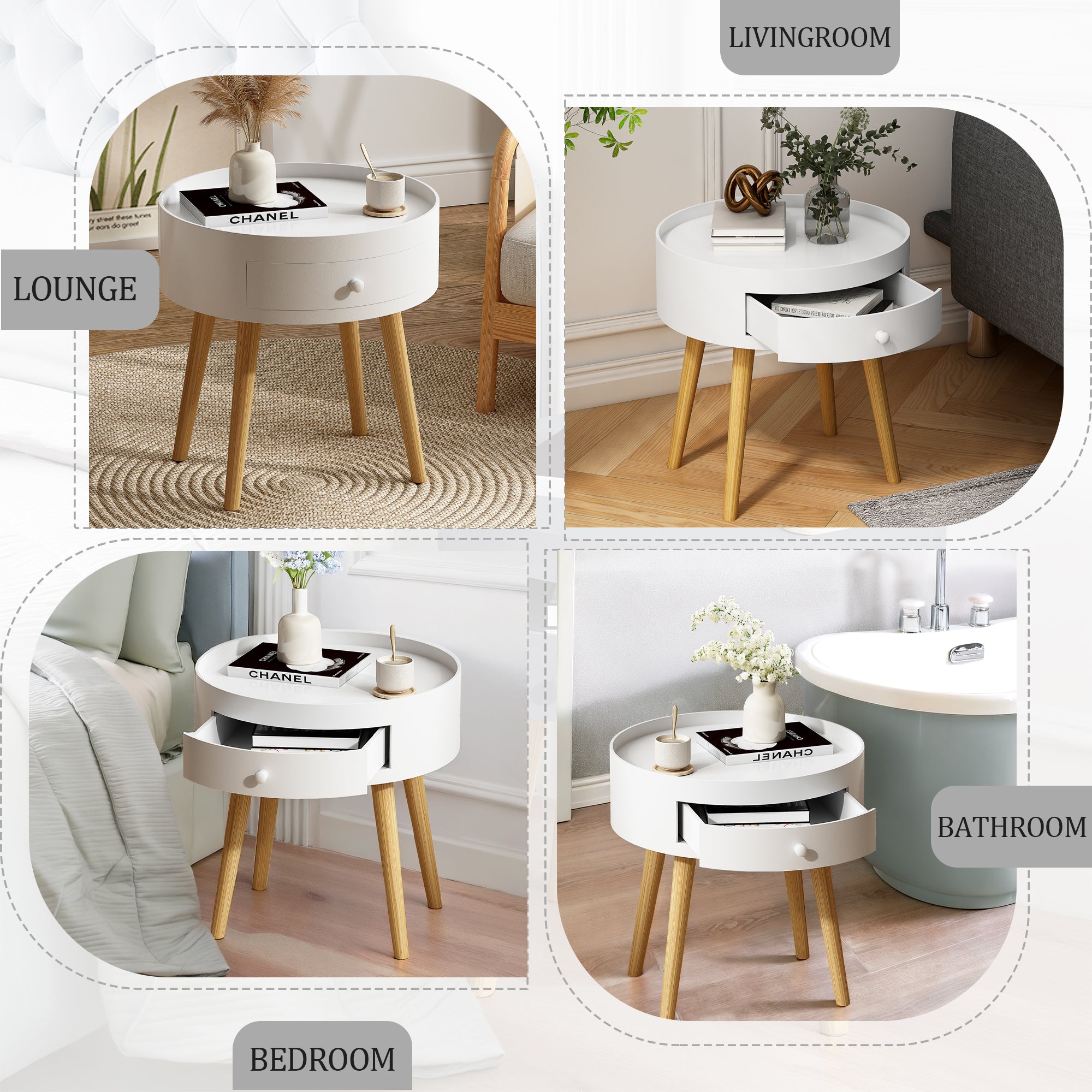 Modern White Nightstand with Storage Drawer & Oak Legs, 18' Bedside Table for Bedroom or Living Room, MDF Construction - Grand Goldman Shop