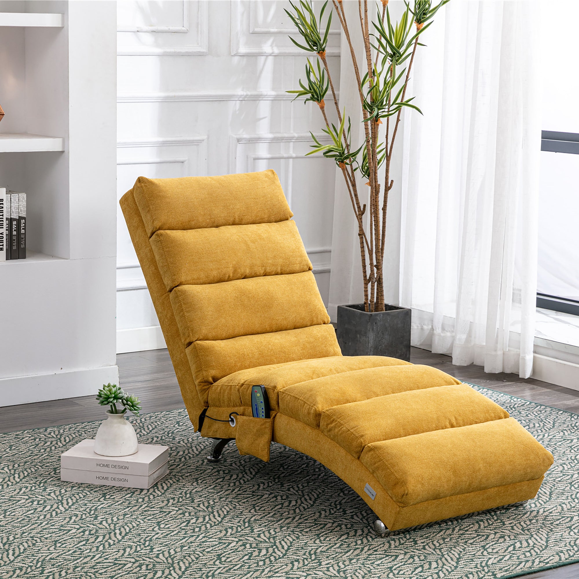 Ergonomic Linen Massage Chaise Lounge with Remote Control, Mustard Color, 5 Modes for Office, Living Room, Bedroom - Grand Goldman Shop