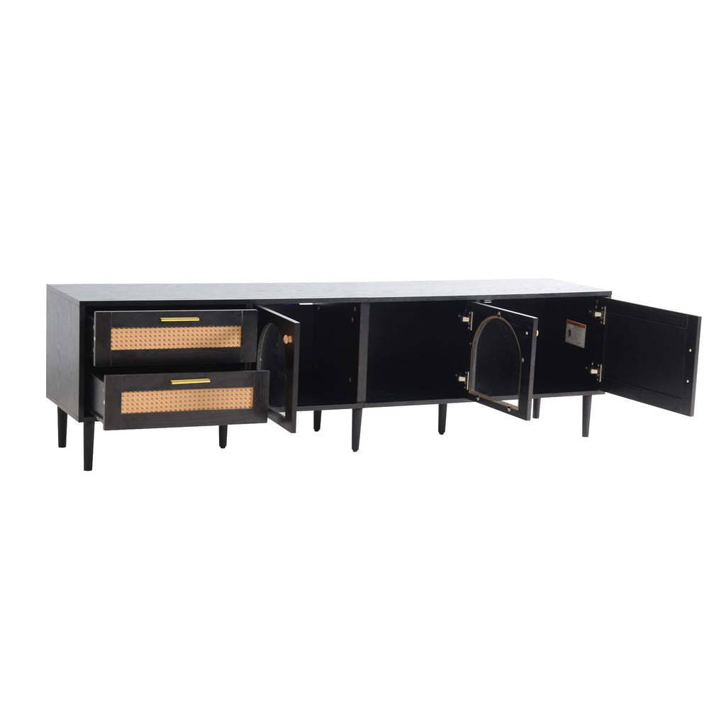Black Rattan-inspired TV Stand with 3 Cabinets & 2 Drawers, MDF and Solid Wood Media Console for TVs up to 80'', Modern Living Room Entertainment Center - Grand Goldman Shop