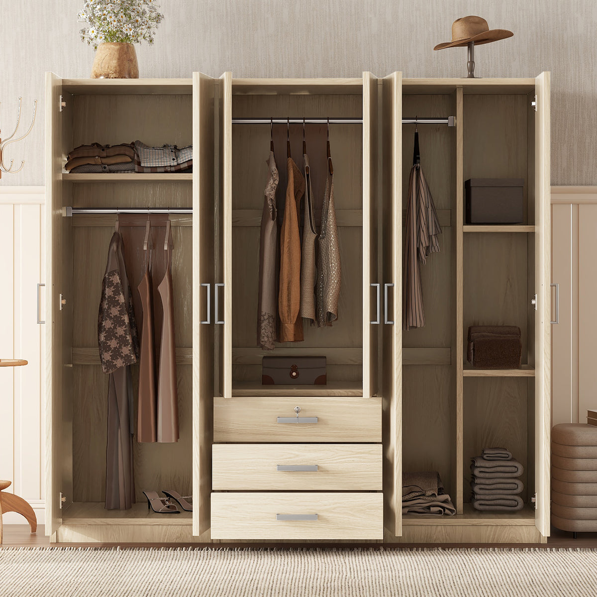 6-Doors Wooden Wardrobe Storage for Bedroom, with Big Drawers, Natural - Grand Goldman Shop