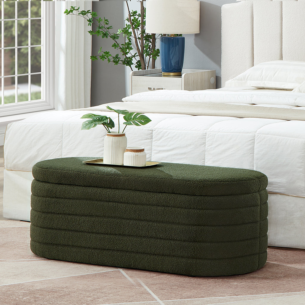 Modern Oval Storage Ottoman Bench, Upholstered Boucle Teddy Fabric End of Bed Bench with Storage, End of Bed Stool with Safety Hinge for Bedroom, Living Room, Entryway, Dark Green - Grand Goldman Shop