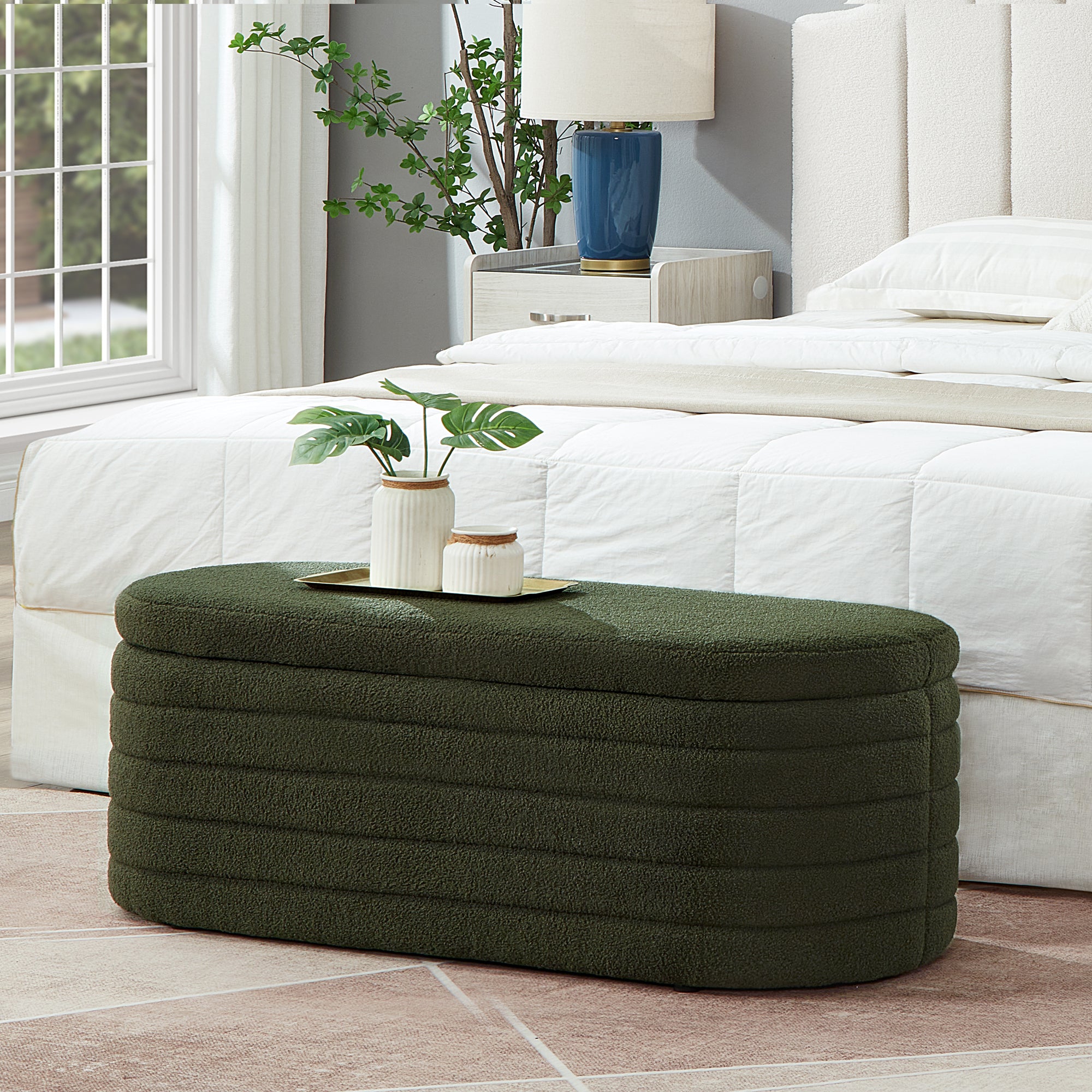 Modern Oval Storage Ottoman Bench, Upholstered Boucle Teddy Fabric End of Bed Bench with Storage, End of Bed Stool with Safety Hinge for Bedroom, Living Room, Entryway, Dark Green - Grand Goldman Shop