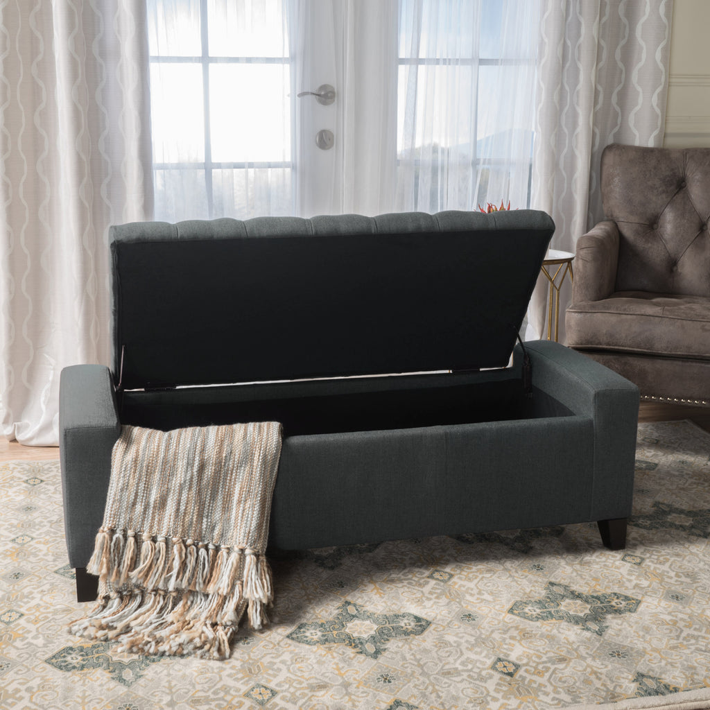 Contemporary Storage Ottoman with Tufted Top in Dark Grey Fabric - Grand Goldman Shop
