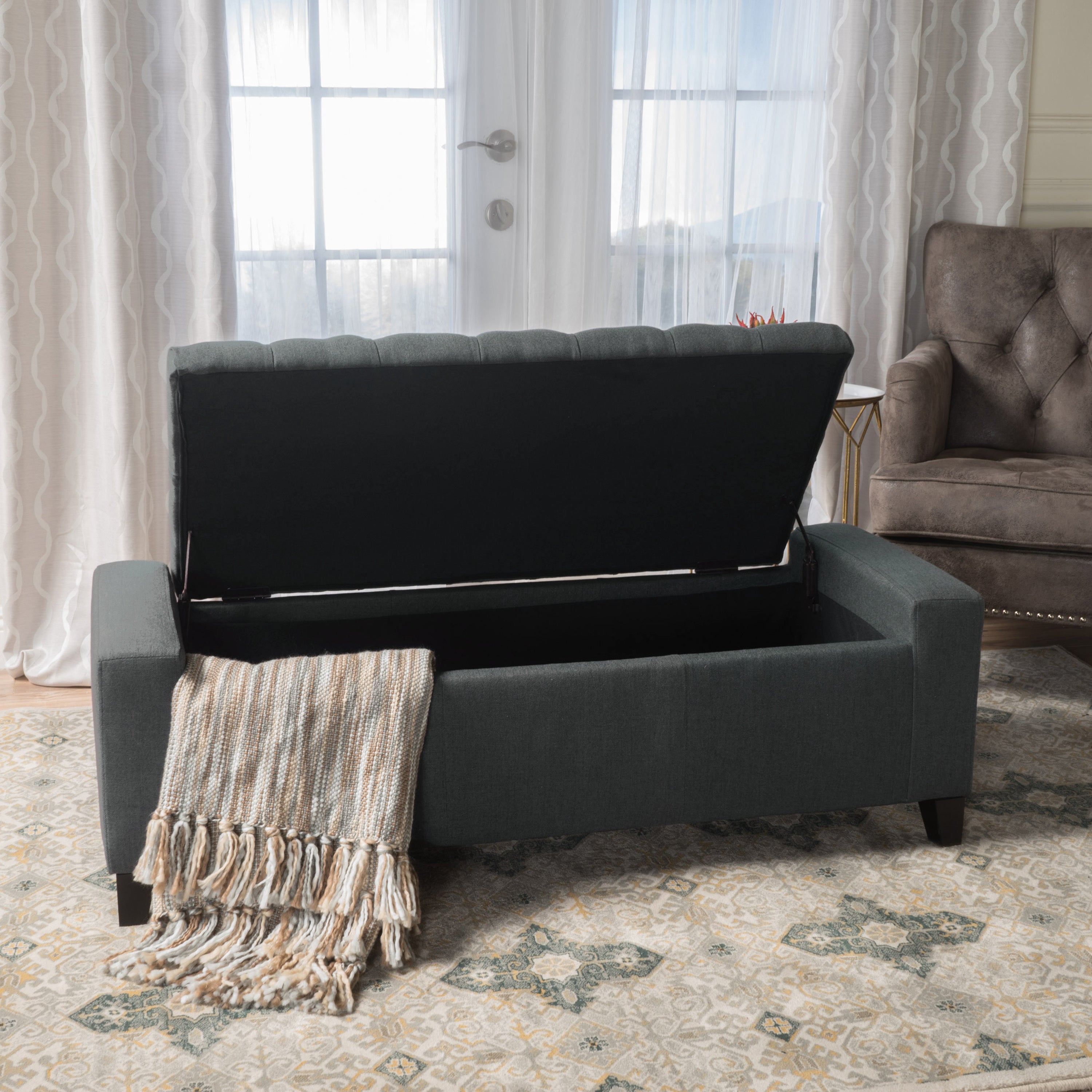 Contemporary Storage Ottoman with Tufted Top in Dark Grey Fabric - Grand Goldman Shop