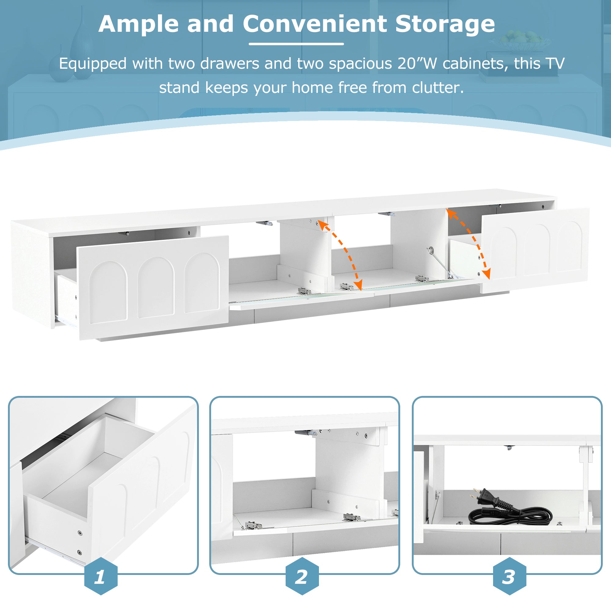 ON-TREND TV Stand with Fluted tempered Glass Doors for TVs Up to 95'', Functional Media Console with Arched Cabinet Doors, Entertainment Center with APP-Controlled LED Light for Living Room, White - Grand Goldman Shop