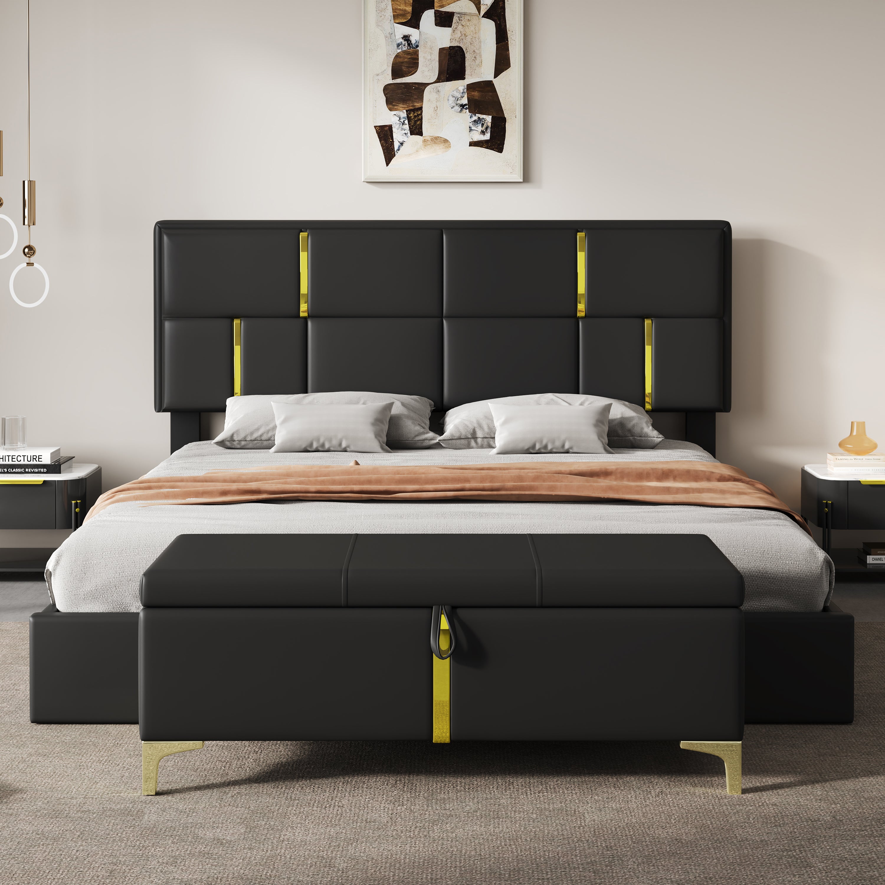 2-Pieces Bedroom Sets,Queen Size Upholstered Platform Bed with Hydraulic Storage System,Storage Ottoman with Metal Legs,Black(Old SKU:N733S207778B) - Grand Goldman Shop