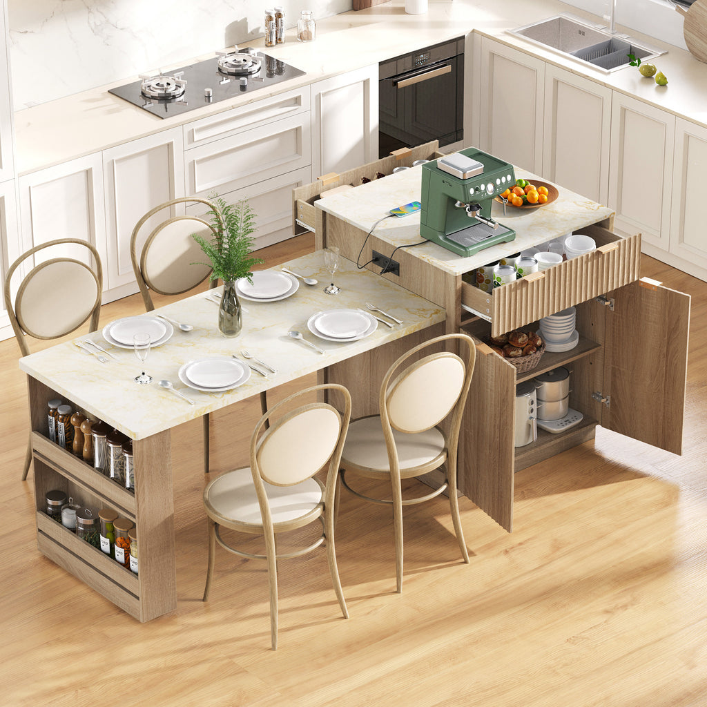 K&K 82.6' Fluted Kitchen Island with Extendable Dining Table for 4-6, Island Table for Kitchen with Power Outlet, Kitchen Table with Double-Side Storage, 2 Drawers 2 Side Open Shelves, Natural - Grand Goldman Shop