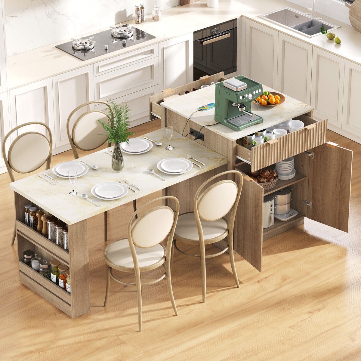K&K 82.6' Fluted Kitchen Island with Extendable Dining Table for 4-6, Island Table for Kitchen with Power Outlet, Kitchen Table with Double-Side Storage, 2 Drawers 2 Side Open Shelves, Natural - Grand Goldman Shop