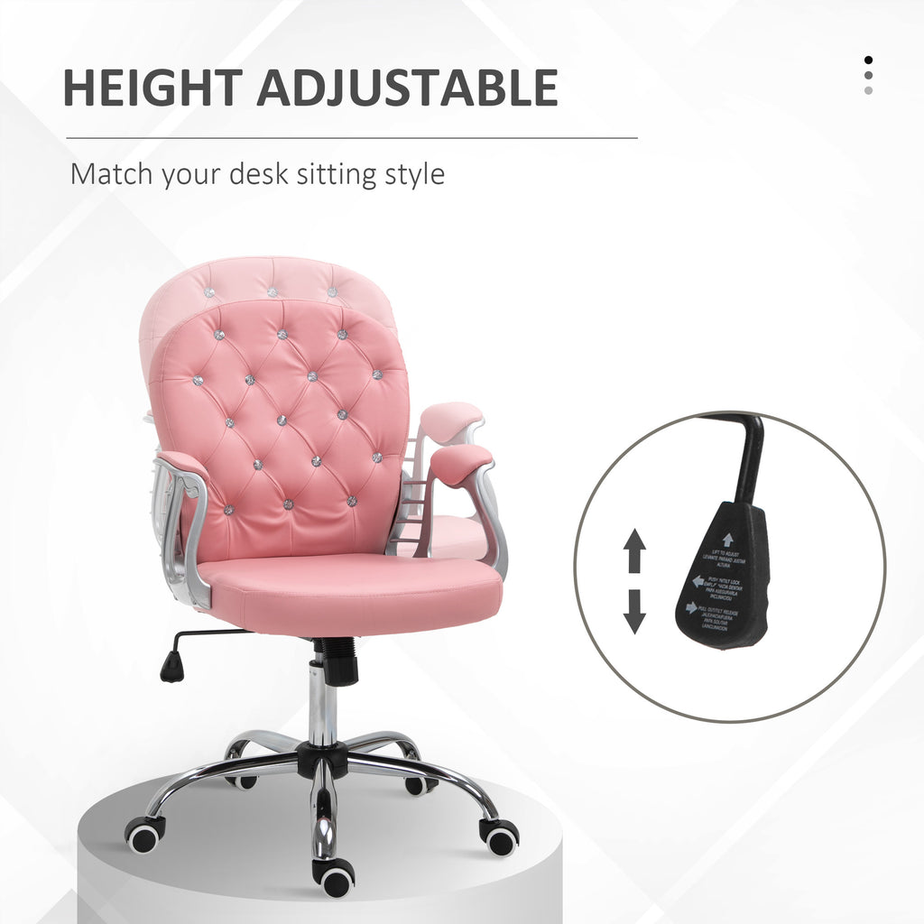 PU Leather Home Office Chair, Button Tufted Desk Chair with Padded Armrests, Adjustable Height and Swivel Wheels, Pink - Gran