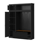 3-in-1 Hall Tree with Overhead Storage Cabinet, 3 Adjustable Side Shelves, 4 Heavy-Duty Hooks, 2 Spacious Drawers, Grooved Back Panel Design, Contrasting Seat Bench, Multifunctional Entryway Organizer - Grand Goldman Shop
