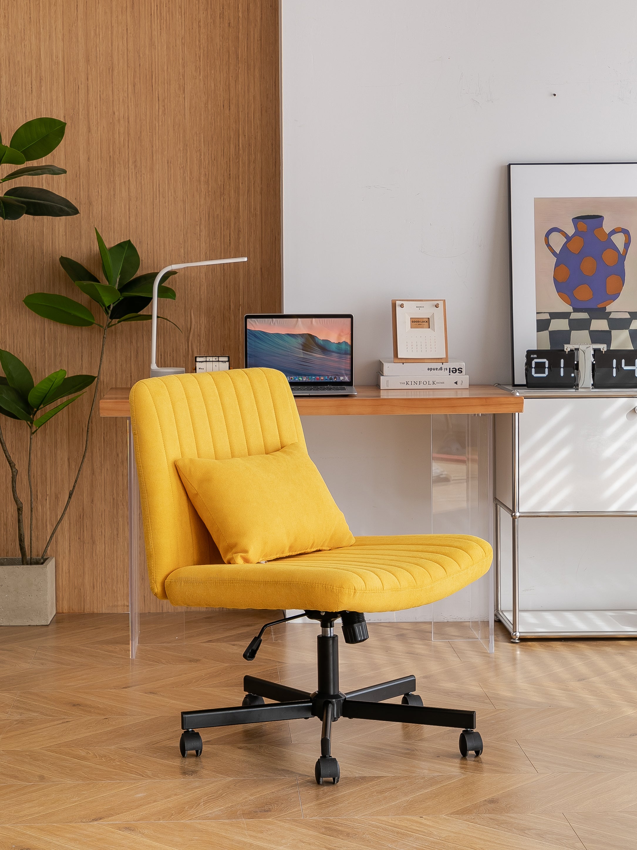 Yellow Linen Criss Cross Armless Office Chair with Wheels - Modern Comfort for Home Office, Meditation & Makeup Spaces | Prem