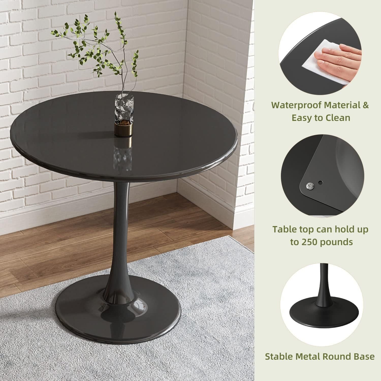 Black Round Table, Modern Dining Table, MDF Top and Steel Base Tulip Round Kitchen Table, Mid Century Coffee Table for Living Room 24 Inch, Kitchen Table, Oval Dining Table - Grand Goldman Shop