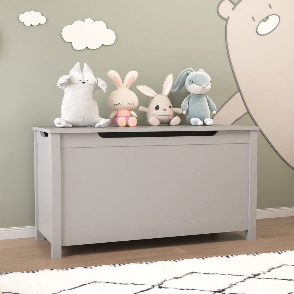 Kids Wooden Toy Box Storage with Safety Hinged Lid for Ages 2+ (Gray) - Grand Goldman