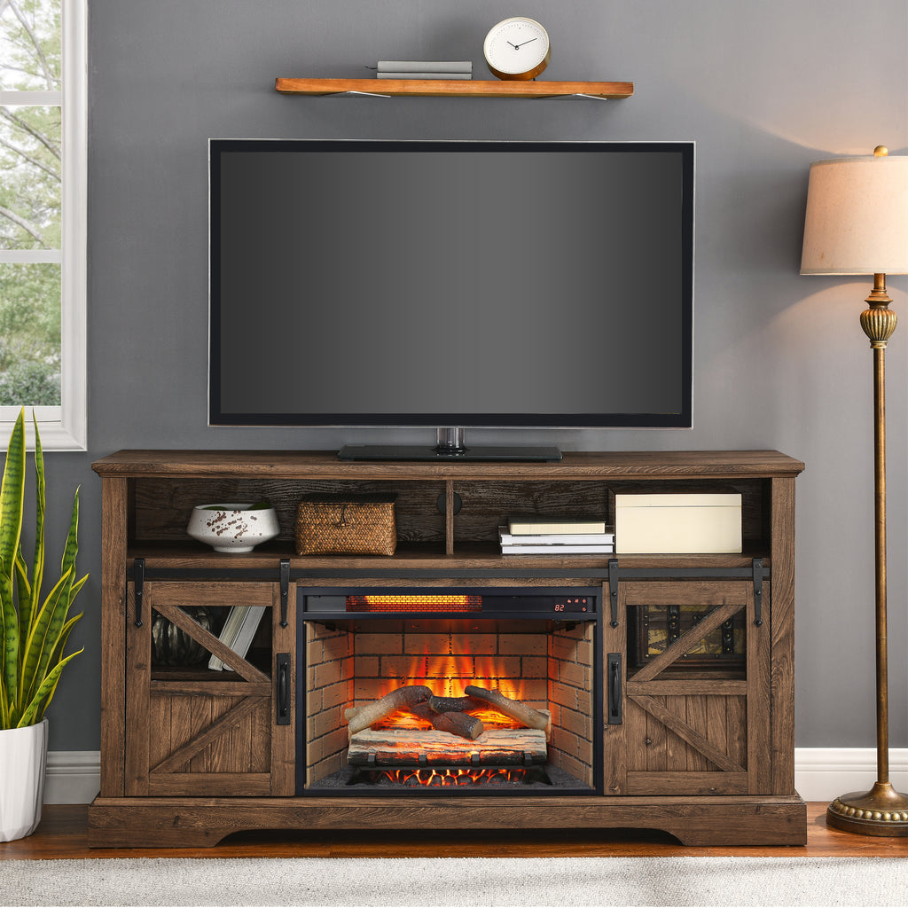 60 Inch Electric Fireplace  Entertainment Center With Door Sensor-Reclaimed Barnwood Color - Grand Goldman Shop
