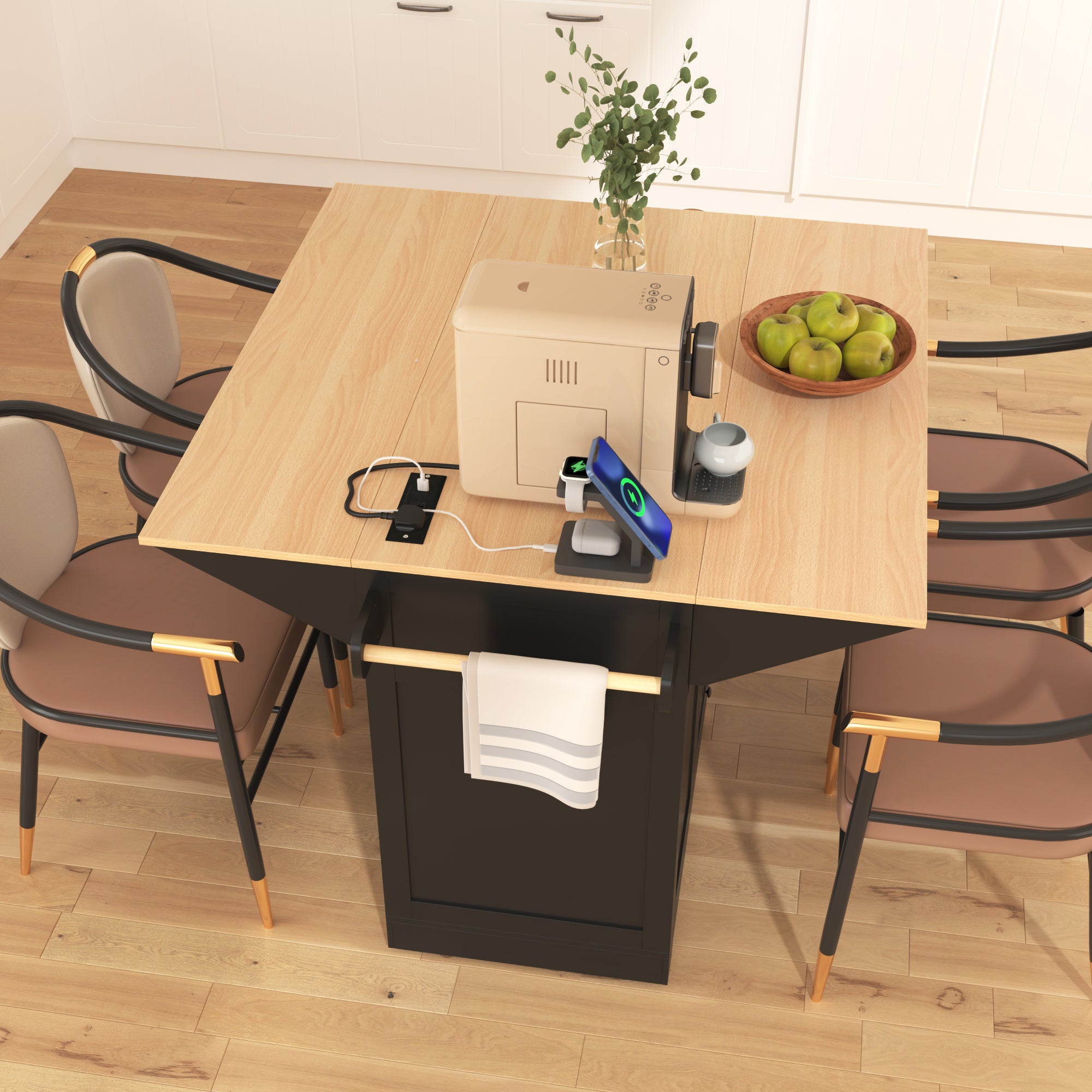 K&K 55.7'' Large Kitchen Island with 2 Drop Leaf,, Rolling Kitchen Cart on 5 Wheels with Power Outlet, Folding Storage Dining Table with Spice & Towel Rack , 3 Drawers, for Kitchen, Dining Room,Black - Grand Goldman Shop