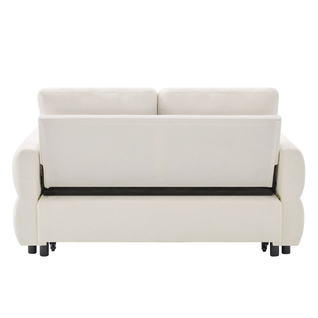 Convertible Sofa Bed 62.75' Loveseat with Adjustable Backrest and USB Ports in Beige Chenille Fabric - Grand Goldman Shop