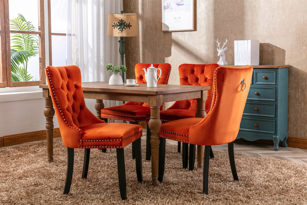 Nikki Collection Modern, High-end Tufted Solid Wood Contemporary Velvet Upholstered Dining Chair with Wood Legs Nailhead Trim 2-Pcs Set, Orange, SW2001OG - Grand Goldman Shop