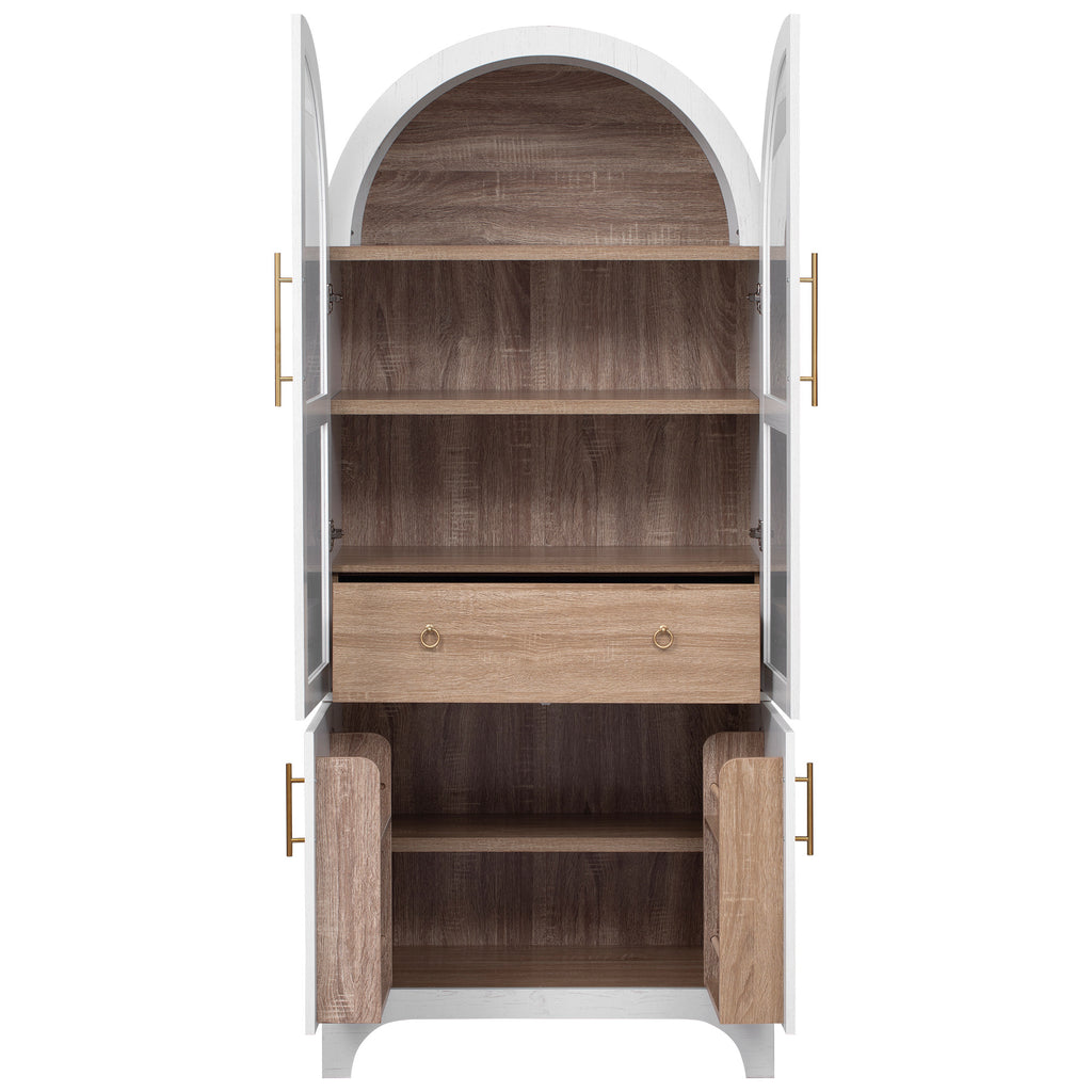 K&K 71' Tall Arched Kitchen Pantry Cabinet with Door Shelves, Farmhouse Kitchen Storage Cabinet with Open & Adjustable Shelves, Hidden Drawer & Glass Door, Cupboard for Kitchen, Dining Room, White - Grand Goldman Shop