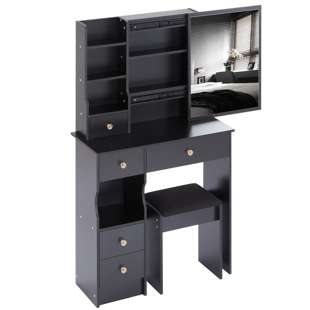 29.2' Small Space Left Drawer Desktop Vanity Table + Cushioned Stool, Extra Large Right sliding mirror, Multi Layer High Capacity Storage, Practical Fashionable Dresser, Suitable For Small Space - Grand Goldman Shop