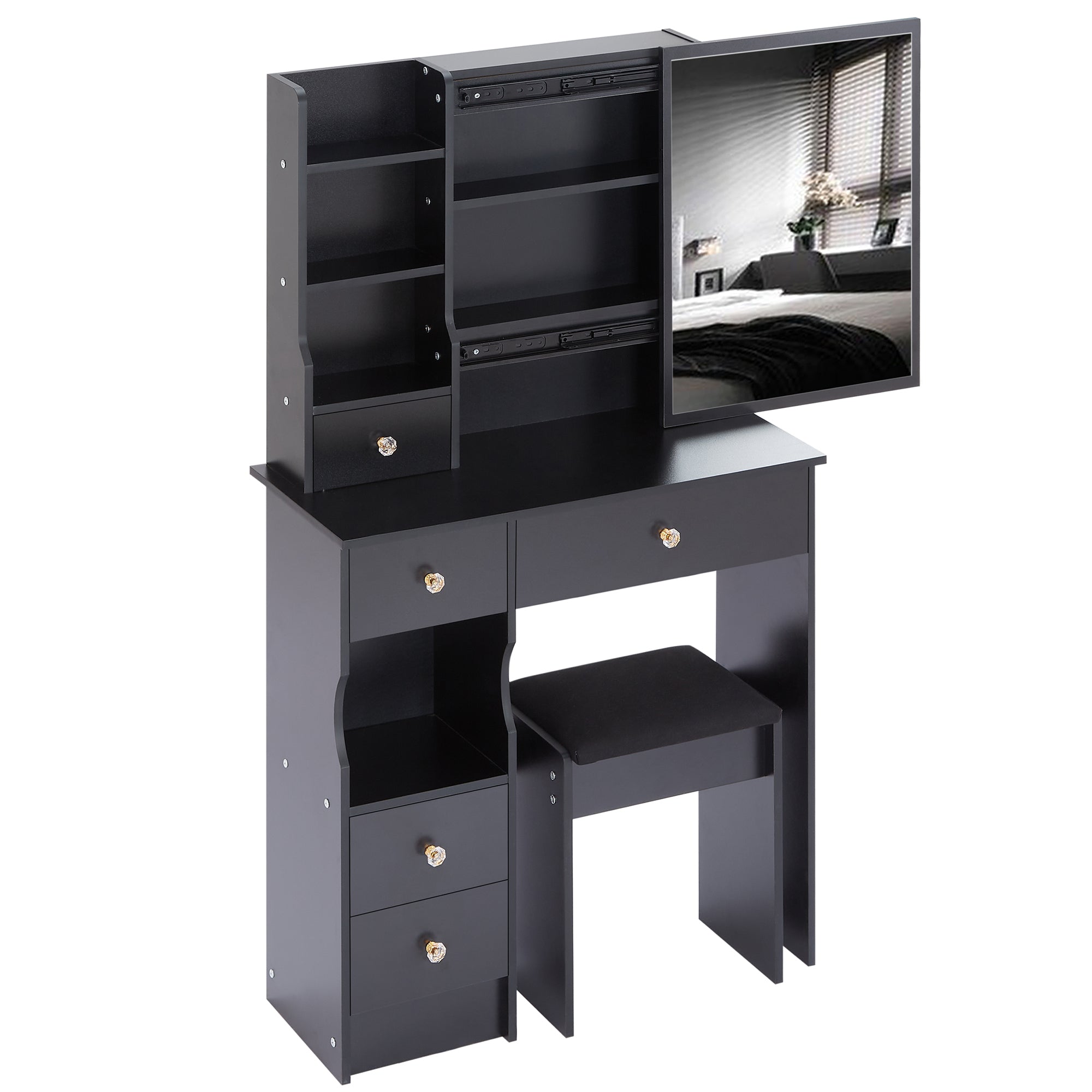 29.2' Small Space Left Drawer Desktop Vanity Table + Cushioned Stool, Extra Large Right sliding mirror, Multi Layer High Capacity Storage, Practical Fashionable Dresser, EPA, GCC, UL Certificate - Grand Goldman Shop