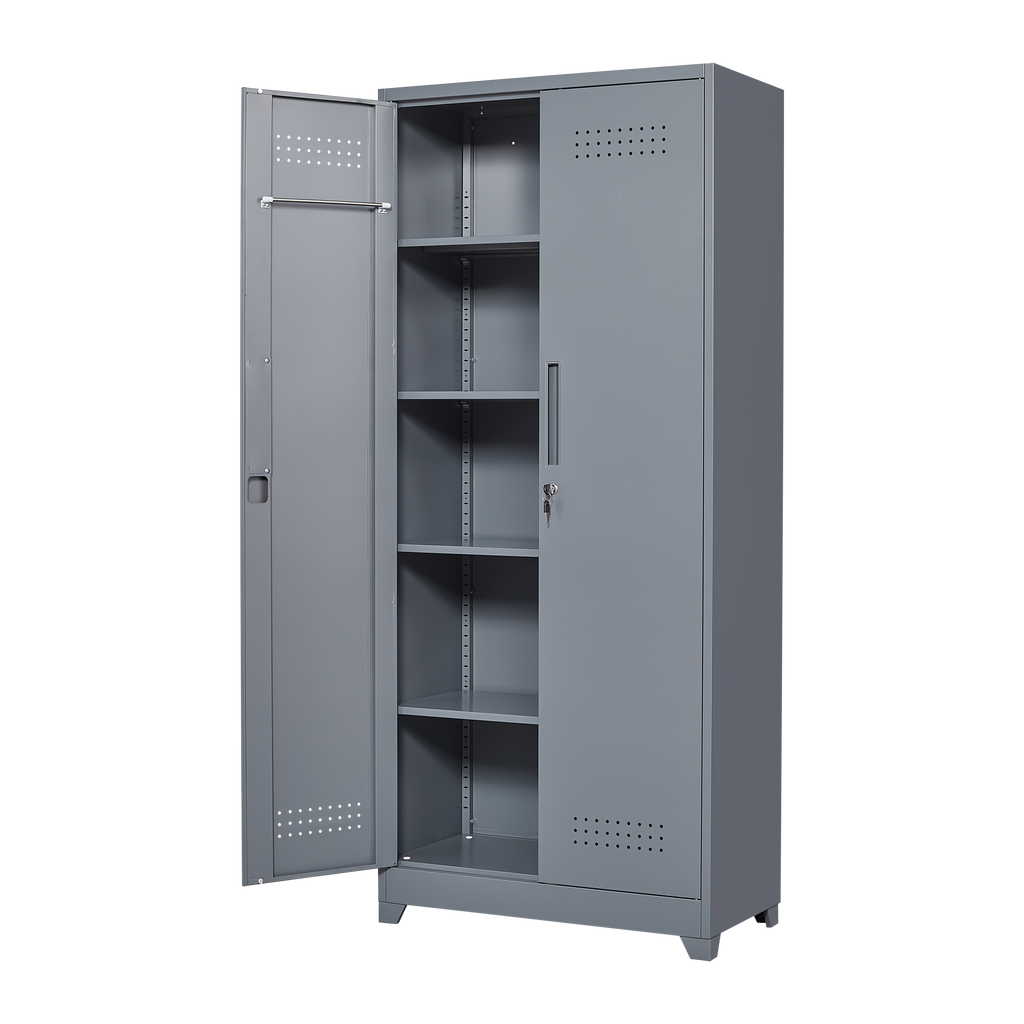 Gray And White Color Metal Lockers, Cleaning Tool Cabinets With Locking Doors, High Broom Tool Storage Cabinets, Adjustable S