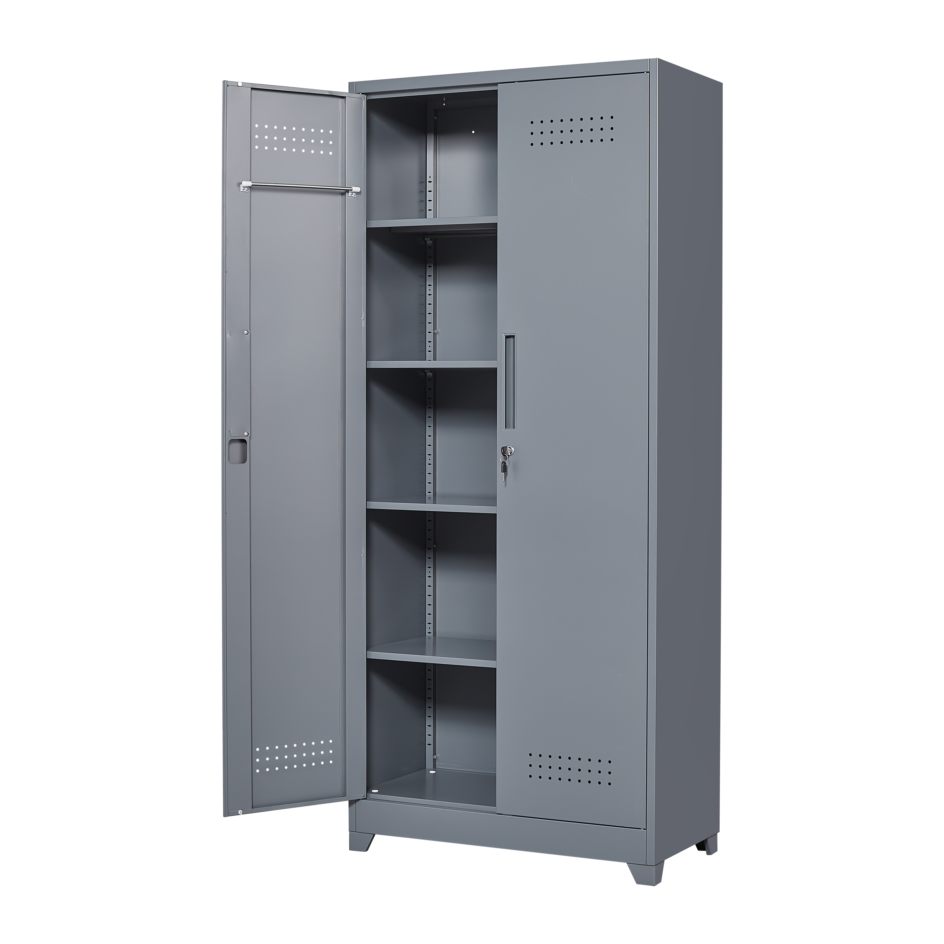 Gray And White Color Metal Lockers, Cleaning Tool Cabinets With Locking Doors, High Broom Tool Storage Cabinets, Adjustable S