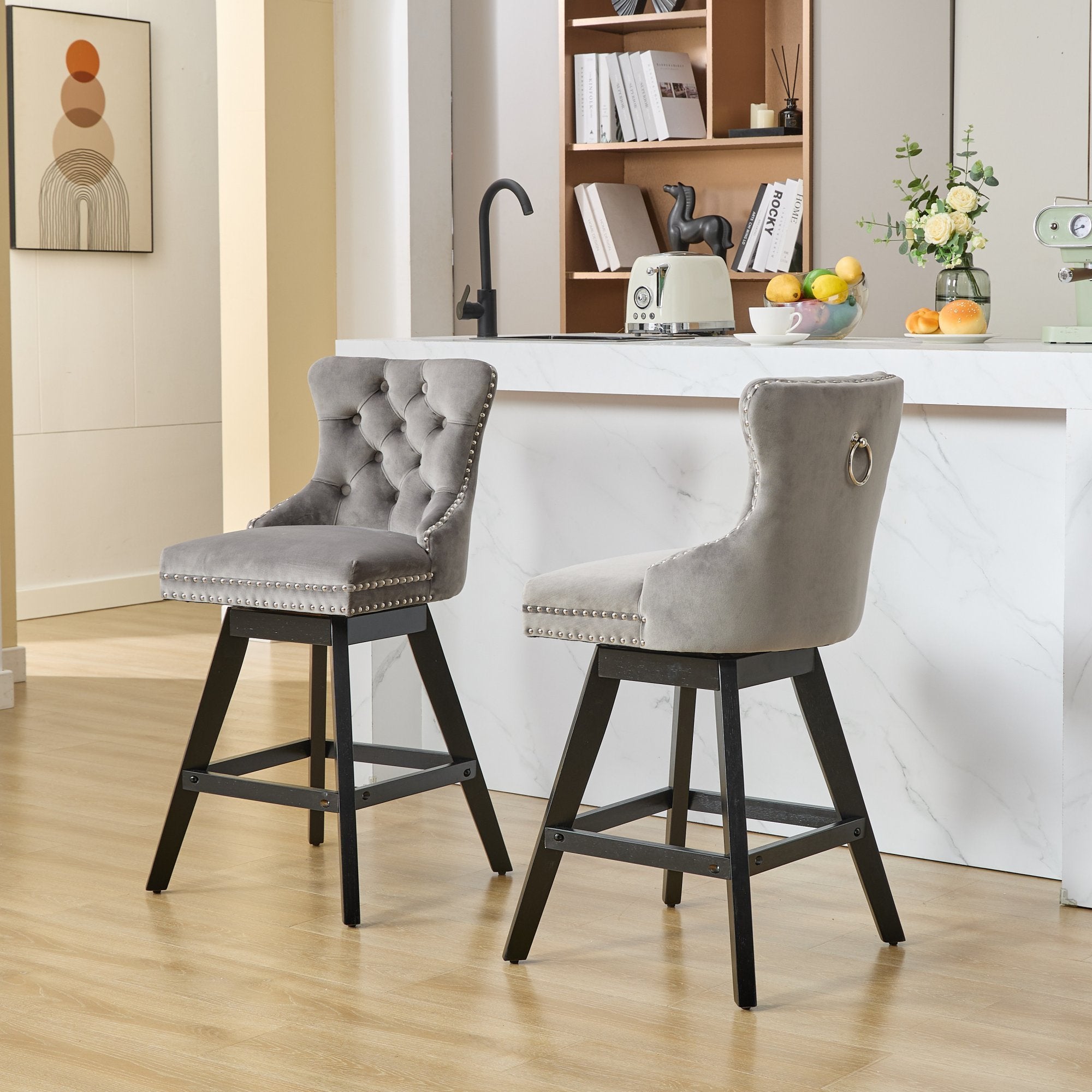 Swivel Velvet Barstools with Button Tufted Decoration and Wooden Legs, and Chrome Nailhead Trim, Leisure Style Bar Chairs,Bar stools, Set of 2 (Gray),SW1860GY - Grand Goldman Shop