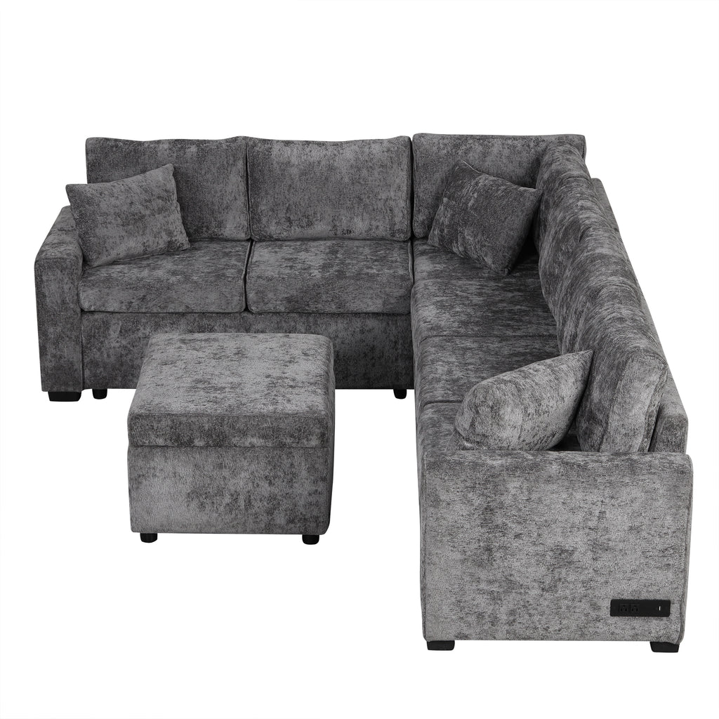 Modern Sectional Sofa Pull-out Sleeper with Storage Ottoman, USB Charging, Grey Tweed Chenille, 112.2' - Grand Goldman Shop