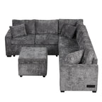 Modern Sectional Sofa Pull-out Sleeper with Storage Ottoman, USB Charging, Grey Tweed Chenille, 112.2' - Grand Goldman Shop