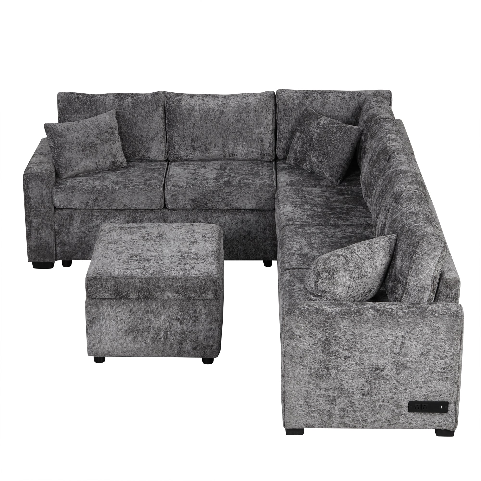 Modern Sectional Sofa Pull-out Sleeper with Storage Ottoman, USB Charging, Grey Tweed Chenille, 112.2' - Grand Goldman Shop