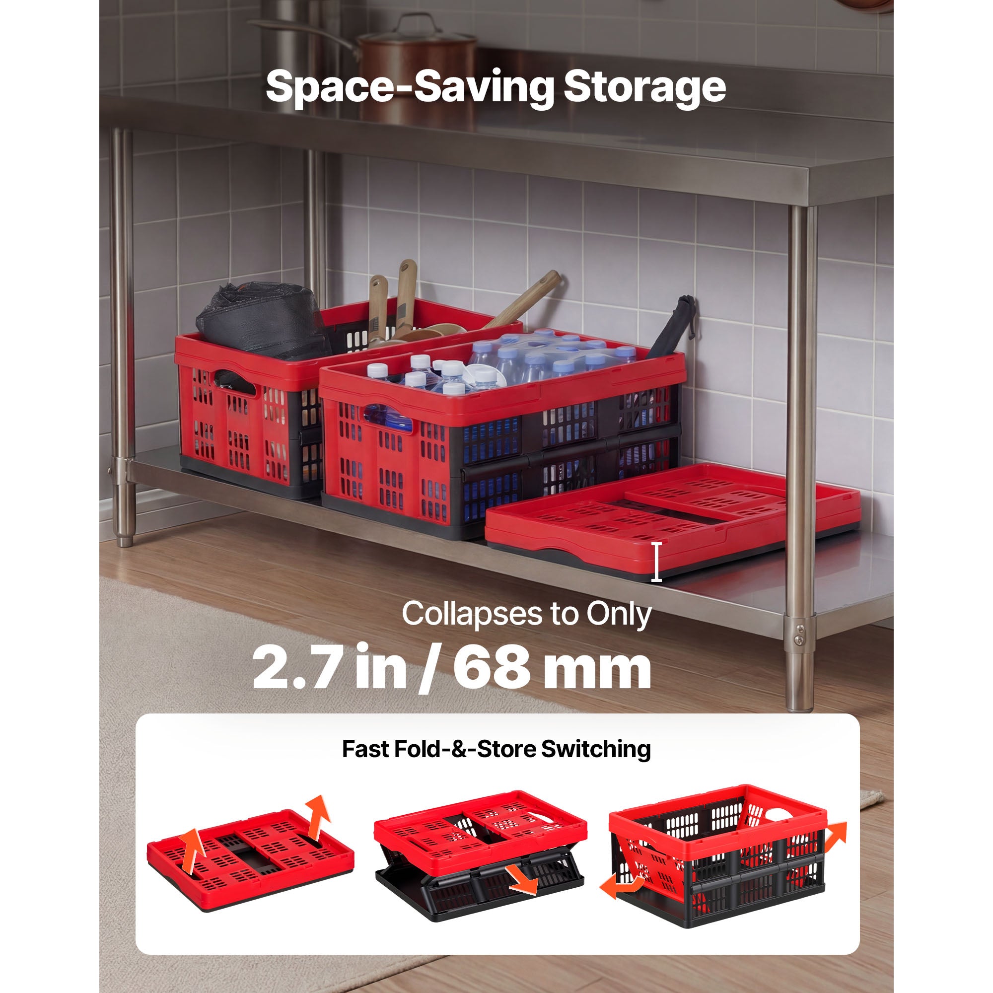 Plastic Collapsible Storage Bins, 32L 3 Packs, Stackable Folding Storage Crates with Handles, Holds 26 lbs Per Bin, Foldable Heavy Duty Containers, Space-Saving Baskets, for Home Organizing - Grand Goldman Shop